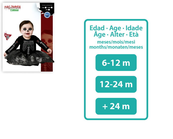 Déguisement squelette avec robe courte grise pour bébé fille 24 mois, Halloween, costume enfant, polyester