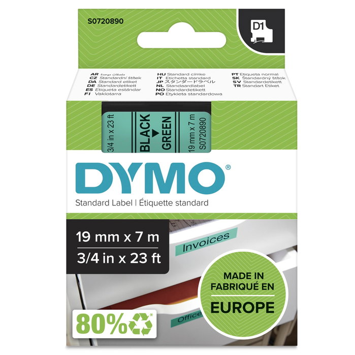 Dymo Ruban d'étiquetage D1 19mm x 7m Noir sur Vert 45809