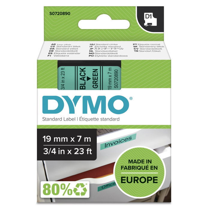 Dymo Ruban d'étiquetage D1 Noir sur Vert 19 mm x 7 m