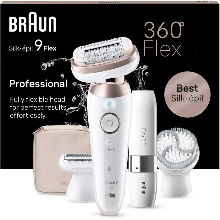 Braun Silk-épil 9 Flex - Épilateur électrique sans fil avec tête flexible 360° - 2 vitesses - Autonomie 50 minutes - Utilisable sous la douche