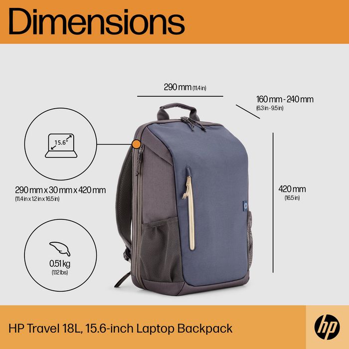 HP Sac à dos Travel pour ordinateur portable 15,6 pouces - 18 litres en tissu recyclé bleu nuit