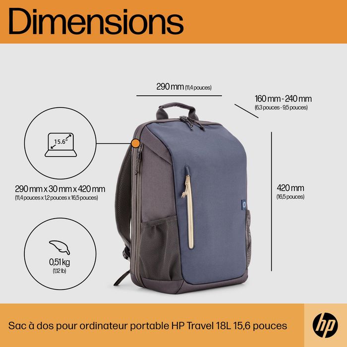 HP Sac à dos Travel pour ordinateur portable 15,6 pouces - 18 litres en tissu recyclé bleu nuit