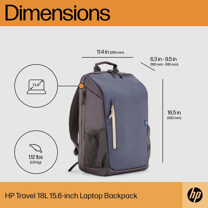 HP Sac à dos Travel pour ordinateur portable 15,6 pouces - 18 litres en tissu recyclé bleu nuit
