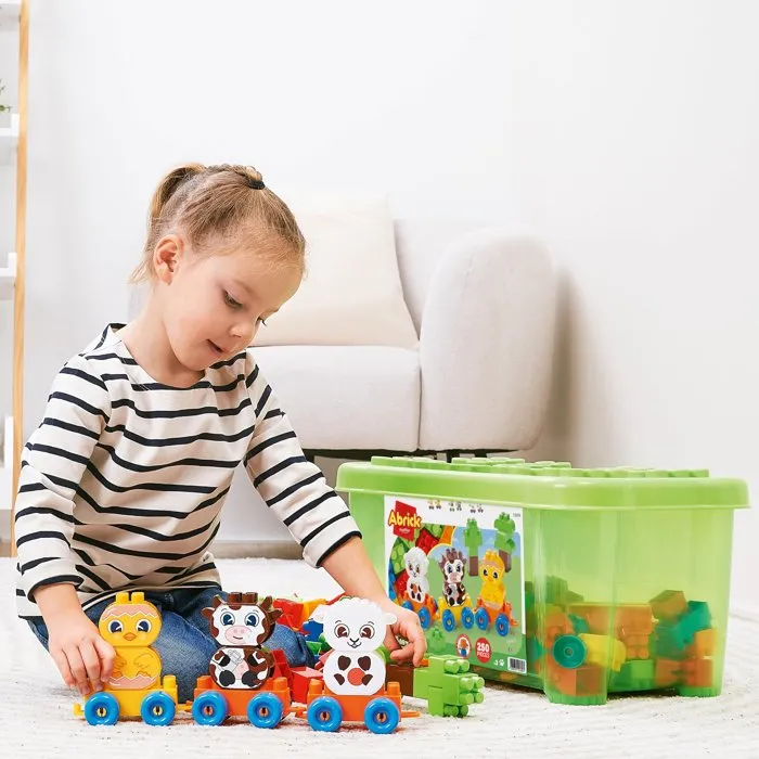 Ecoiffier - Coffret de construction ferme Abrick 250 pièces avec train et animaux - Jeu de briques de rangement créatif - Dès 18 mois