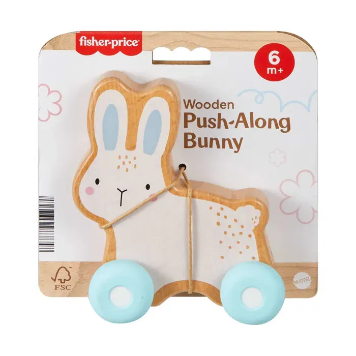 Fisher Price Véhicule Lapin En Bois à Pousser avec Queue en Silicone à Ressort, Jouet d'Éveil Motricité Fine pour Enfants Dès 12 Mois