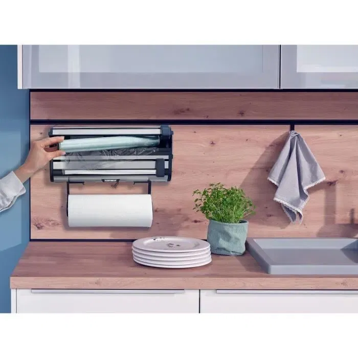 Leifheit Parat Royal 25793 - Dérouleur mural de cuisine en acier inoxydable pour 3 rouleaux (papier essuie-tout, film alimentaire, aluminium) avec lames tranchantes - Blanc