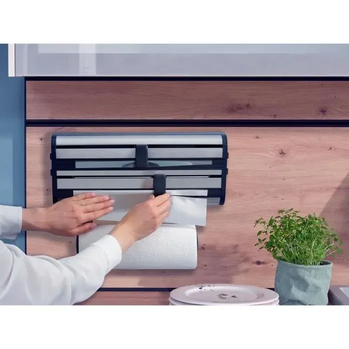 Leifheit Parat Royal 25793 - Dérouleur mural de cuisine en acier inoxydable pour 3 rouleaux (papier essuie-tout, film alimentaire, aluminium) avec lames tranchantes - Blanc