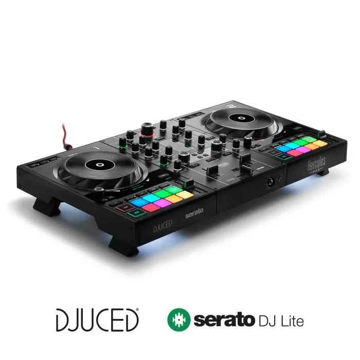 Hercules DJControl Inpulse 500 - Contrôleur DJ 2 canaux avec interface audio et mixeur intégrés, 16 pads rétroéclairés RGB - Noir