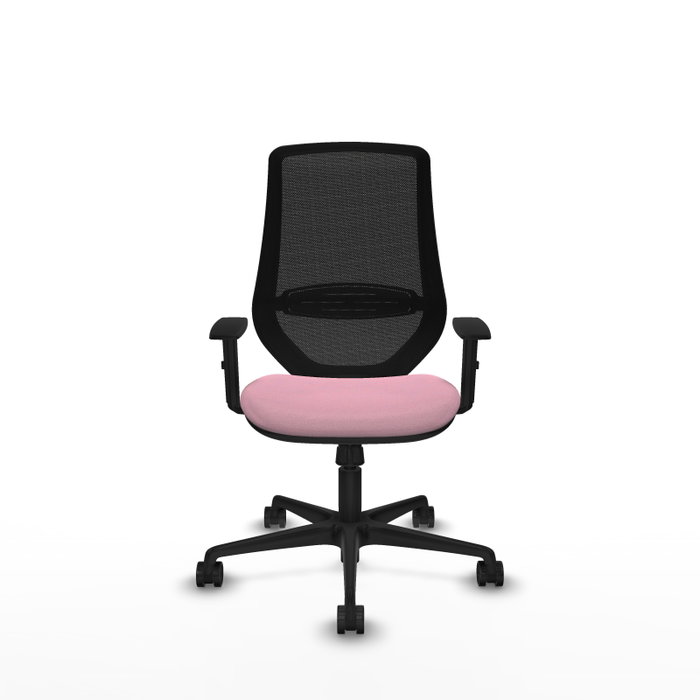 Chaise Mardos Synchro 4 positions tissu Rose Maille Noir Base en nylon noir Accoudoir 1D Sans appui-tête Roulettes 65mm nylon