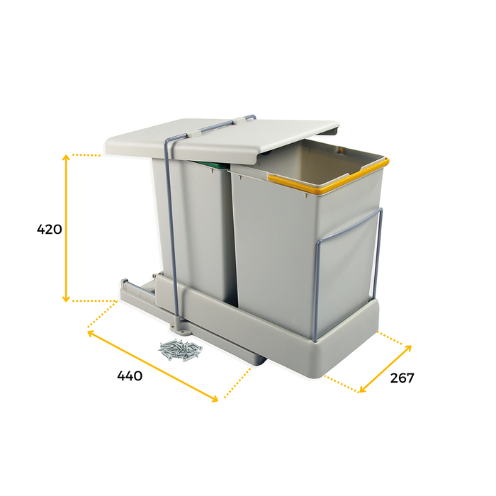 Emuca Poubelle de recyclage pour montage inférieur et extraction automatique dans l'élément de cuisine 2x14litres, Plastique gris