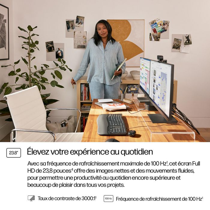 HP 324pv - Moniteur 23.8 pouces / 60.5 cm FHD, Écran PC 100 Hz, HP Eye Ease, Bords Fins, Noir
