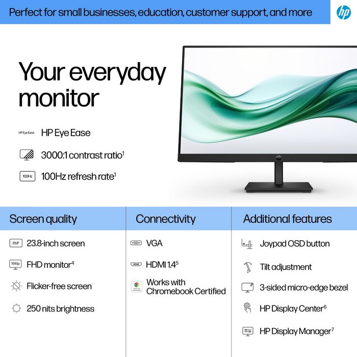HP 324pv - Moniteur 23.8 pouces / 60.5 cm FHD, Écran PC 100 Hz, HP Eye Ease, Bords Fins, Noir