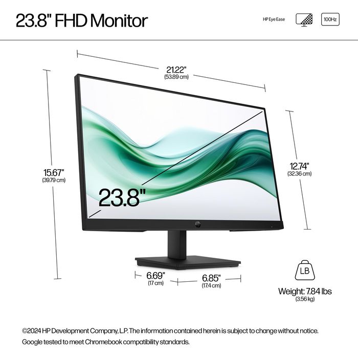 HP 324pv - Moniteur 23.8 pouces / 60.5 cm FHD, Écran PC 100 Hz, HP Eye Ease, Bords Fins, Noir