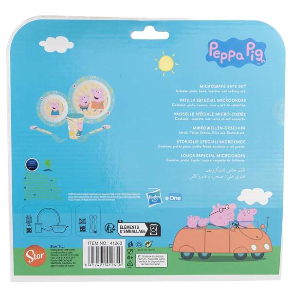 Stor - Set d'assiette, bol, verre, cuillère et fourchette Peppa Core pour bébé - Va au micro-ondes - Produit en espagnol