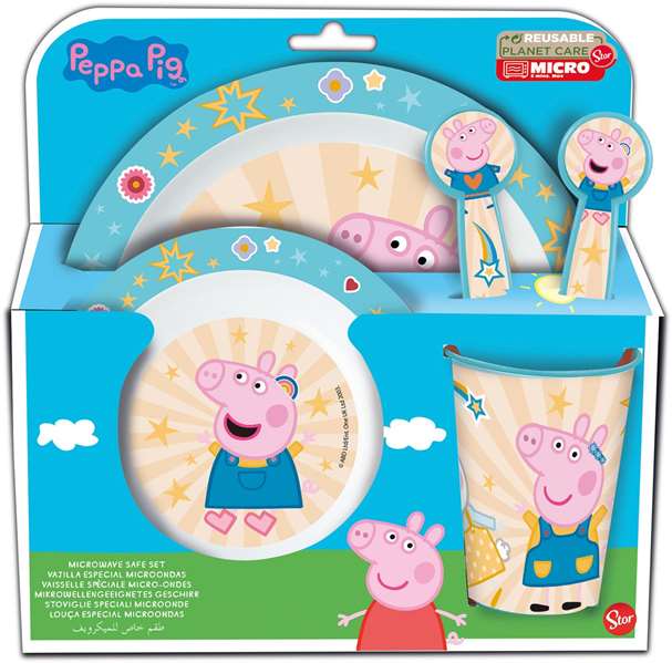 Stor - Set d'assiette, bol, verre, cuillère et fourchette Peppa Core pour bébé - Va au micro-ondes - Produit en espagnol
