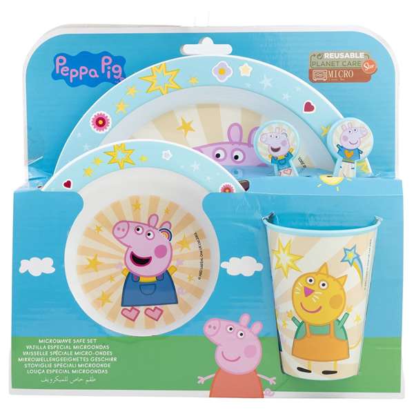 Stor - Set d'assiette, bol, verre, cuillère et fourchette Peppa Core pour bébé - Va au micro-ondes - Produit en espagnol