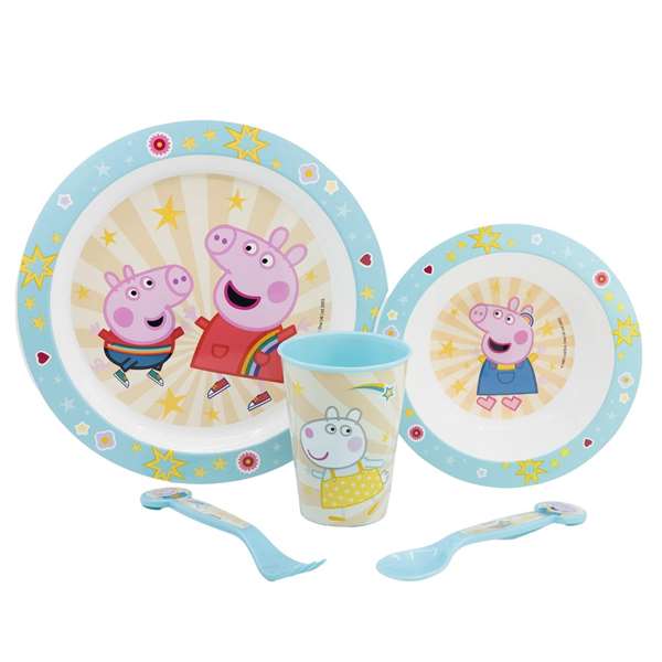 Stor - Set d'assiette, bol, verre, cuillère et fourchette Peppa Core pour bébé - Va au micro-ondes - Produit en espagnol