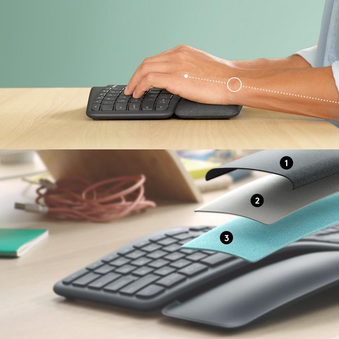Logitech ERGO K860 - Clavier ergonomique sans fil 2.4 GHz/Bluetooth 5.0 avec repose-poignets en mousse mémoire de forme - Disposition US International Logitech ERGO K860 - Clavier ergonomique sans fil 2.4 GHz/Bluetooth 5.0 avec repose-poignets en mousse mémoire de forme - Disposition US International