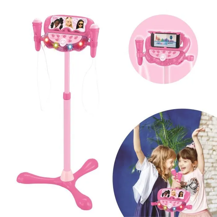 Lexibook Microphone Barbie sur Pied Ajustable Lumineux 60-95 cm, avec 2 Micros, Enceinte Bluetooth, Effets Vocaux et Lumineux, Entrée AUX et Support Téléphone