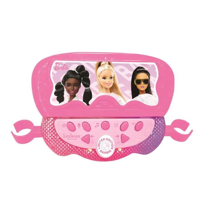 Lexibook Microphone Barbie sur Pied Ajustable Lumineux 60-95 cm, avec 2 Micros, Enceinte Bluetooth, Effets Vocaux et Lumineux, Entrée AUX et Support Téléphone