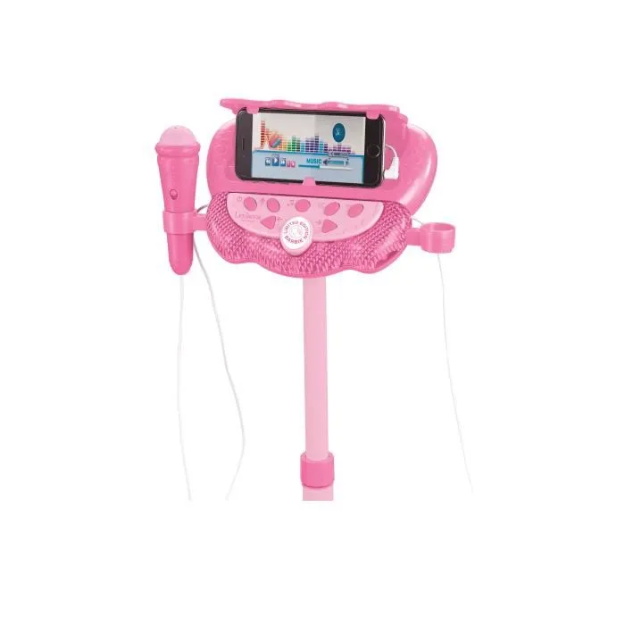 Lexibook Microphone Barbie sur Pied Ajustable Lumineux 60-95 cm, avec 2 Micros, Enceinte Bluetooth, Effets Vocaux et Lumineux, Entrée AUX et Support Téléphone