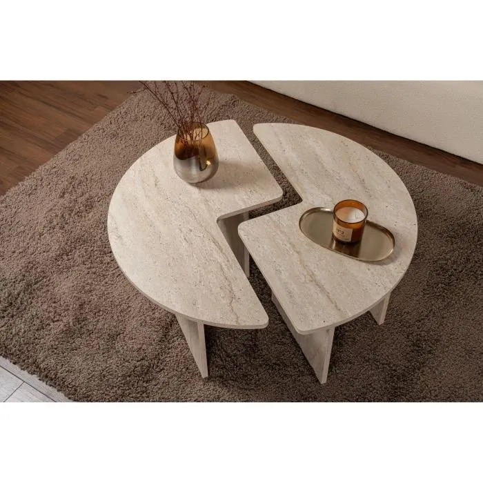 MOIRA Table basse ronde effet marbre travertin, plateau mélaminé, 90 x 90 x 41 cm, design moderne et épuré pour salon