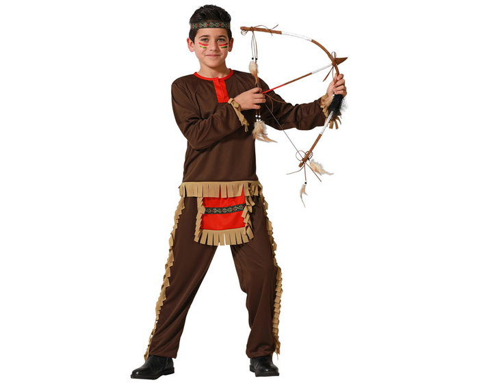 Déguisement d'Indien Rouge Enfant avec Cordelette et Accessoires - Costume Camisette et Pantalon en Polyester pour Garçon 10-12 Ans - Thématique Far West