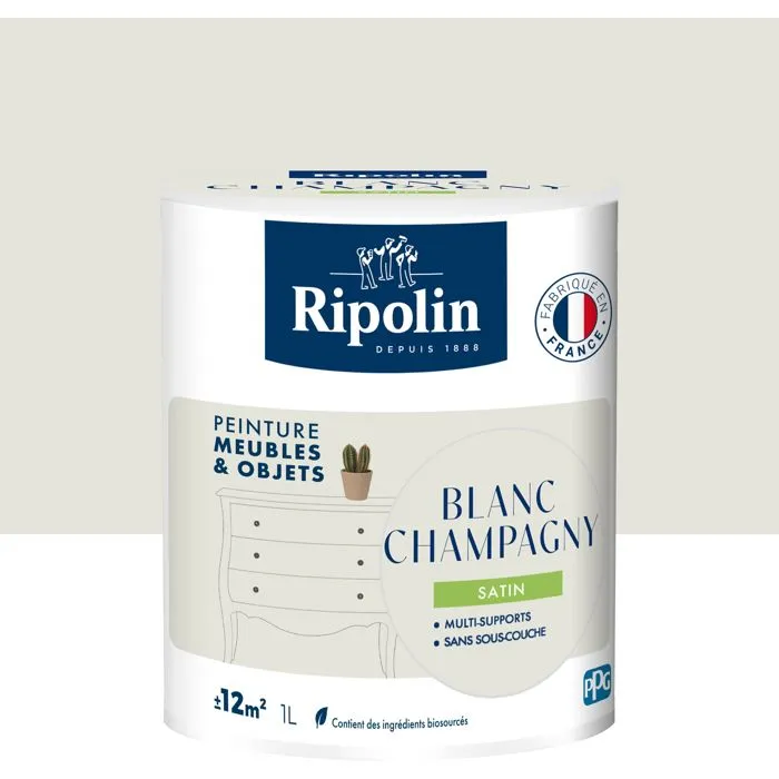 Ripolin - Peinture Meubles & Objets Blanc Champagny Satinée 1L, pour Bois, Mélaminé, Stratifié, Intérieur/Extérieur