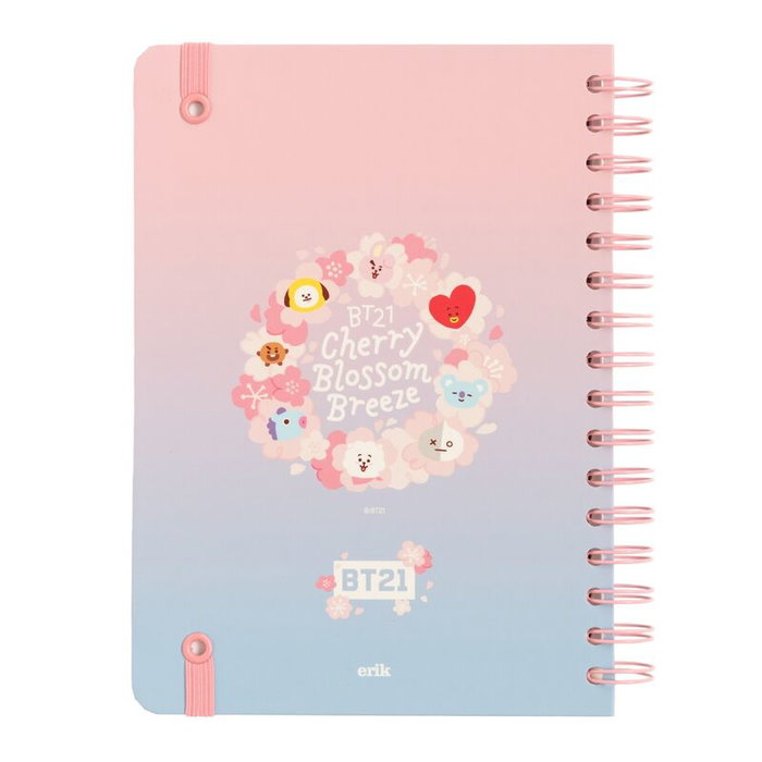 ERIK - Carnet A5 à reliure Wire-O 90 pages thème Sakura BT21, couverture rigide avec élastique et pochette intérieure
