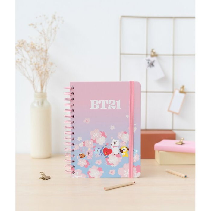 ERIK - Carnet A5 à reliure Wire-O 90 pages thème Sakura BT21, couverture rigide avec élastique et pochette intérieure