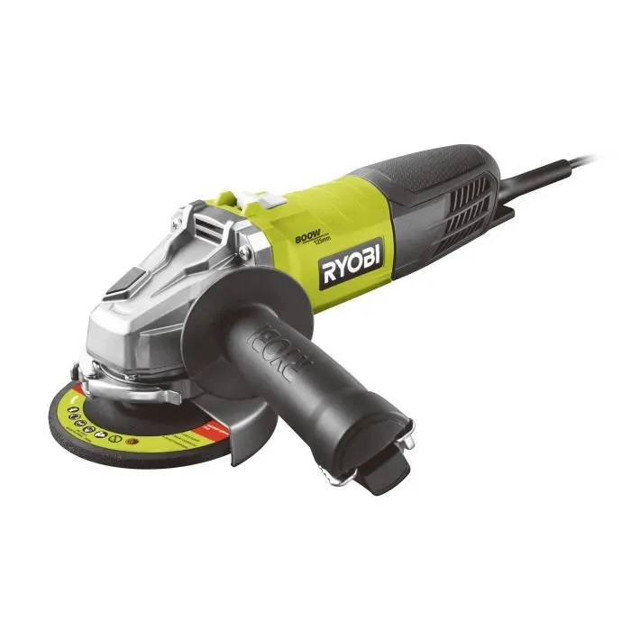 Ryobi Meuleuse d'angle filaire 800W 125mm RAG800-125TA6 avec coffre, protection anti-redémarrage, 5 disques à ébarber et 1 disque diamant