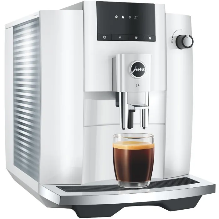 JURA Machine à café Expresso avec broyeur E4 Piano - Blanc brillant - 1450 W - Réservoir 280 g de grains et 1,9 L d'eau - Préparation de 5 spécialités