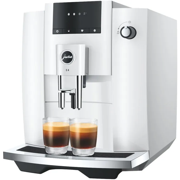 JURA Machine à café Expresso avec broyeur E4 Piano - Blanc brillant - 1450 W - Réservoir 280 g de grains et 1,9 L d'eau - Préparation de 5 spécialités