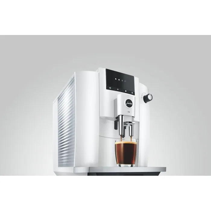 JURA Machine à café Expresso avec broyeur E4 Piano - Blanc brillant - 1450 W - Réservoir 280 g de grains et 1,9 L d'eau - Préparation de 5 spécialités