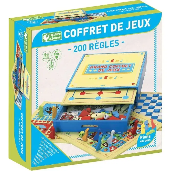 L'Arbre A Jouer Grand Coffret de Jeux en Bois avec 200 Règles - Jeu de Société Famille (Petits Chevaux, Dames, Tangram) 30 x 30 cm - Dès 3 ans