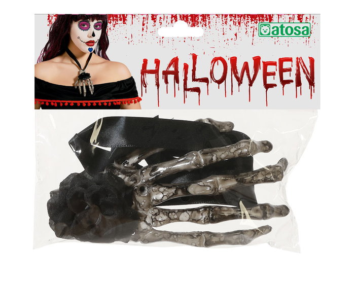 Collar para disfraz de Catrina con mano de esqueleto et fleur noire - Accessoire Halloween de style gothique et mexicain