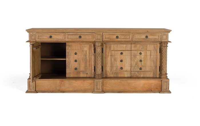 GINER Y COLOMER Buffet 4 tiroirs et 4 portes en bois de manguier massif 200 cm - Couleur Naturelle, Meuble Artisanal en Bois Récupéré
