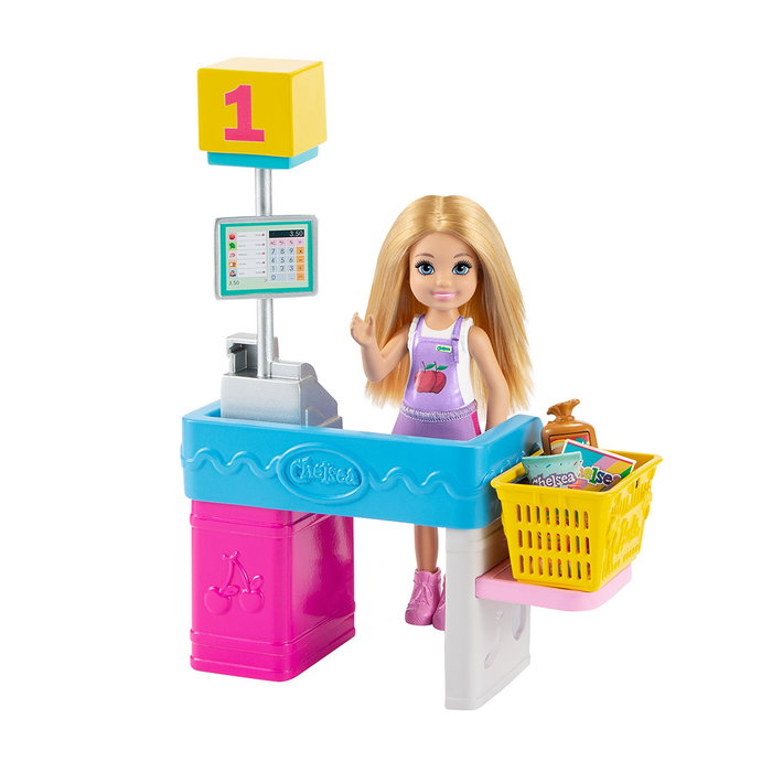 Barbie - Jeu Barbie Chelsea Puesto de comida - Figurine Chelsea 15,24 cm avec caisse enregistreuse et accessoires - Supermarché - Version multilingue