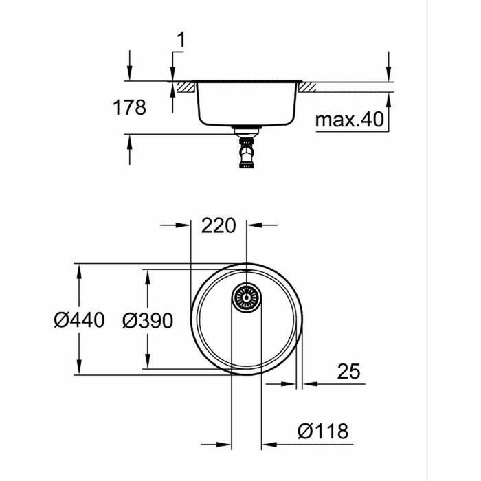 GROHE K200 Évier de cuisine rond en acier inoxydable Ø 440 mm