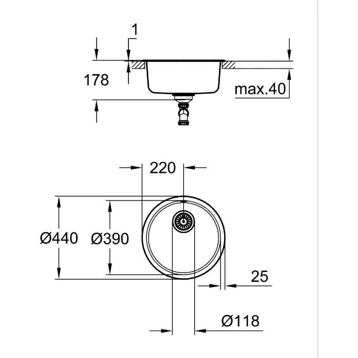 GROHE K200 (Réf. 31720SD0) - Evier de cuisine en acier inoxydable 1 bac, à encastrer par le dessus, Ø 440 mm avec réduction de bruit GROHE K200 (Réf. 31720SD0) - Evier de cuisine en acier inoxydable 1 bac, à encastrer par le dessus, Ø 440 mm avec réduction de bruit
