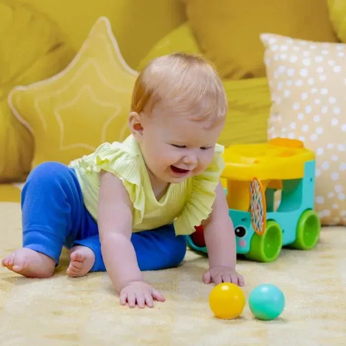 Bright Starts Bus Safari Elephant - Jouet d'éveil interactif avec lanceur et tobogan à balles, lumières, 30 chansons et mélodies, pour bébé dès 6 mois