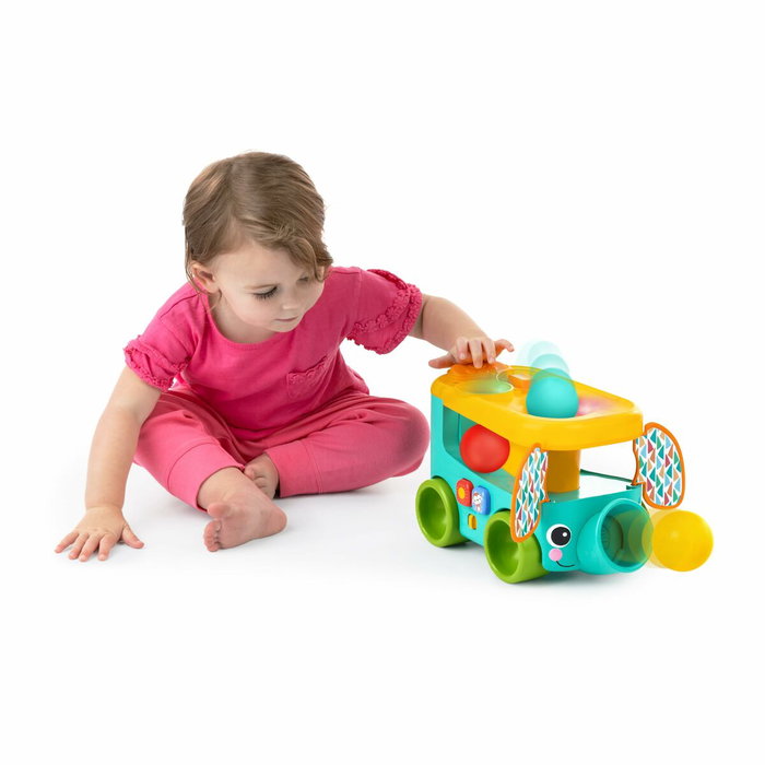 Bright Starts Pop & Roll Safari Bus - Jouet à tirer avec lanceur de balles et mélodies