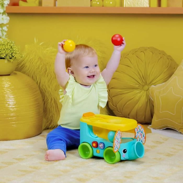 Bright Starts Pop & Roll Safari Bus - Jouet à tirer avec lanceur de balles et mélodies