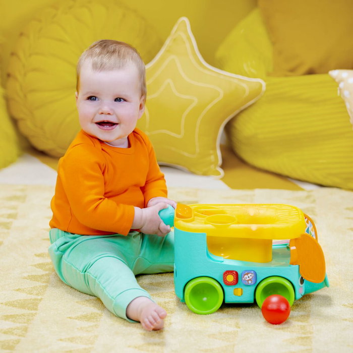 Bright Starts Pop & Roll Safari Bus - Jouet à tirer avec lanceur de balles et mélodies