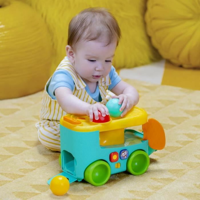 Bright Starts Pop & Roll Safari Bus - Jouet à tirer avec lanceur de balles et mélodies