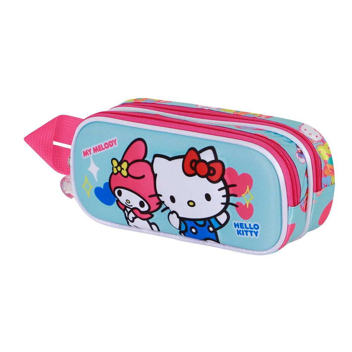 Karactermania Porte-documents 3D Friendship Hello Kitty Double - Pochette scolaire avec relief, 2 compartiments et zip - Dimensions : 9,5 x 22 x 8 cm, forré intérieur