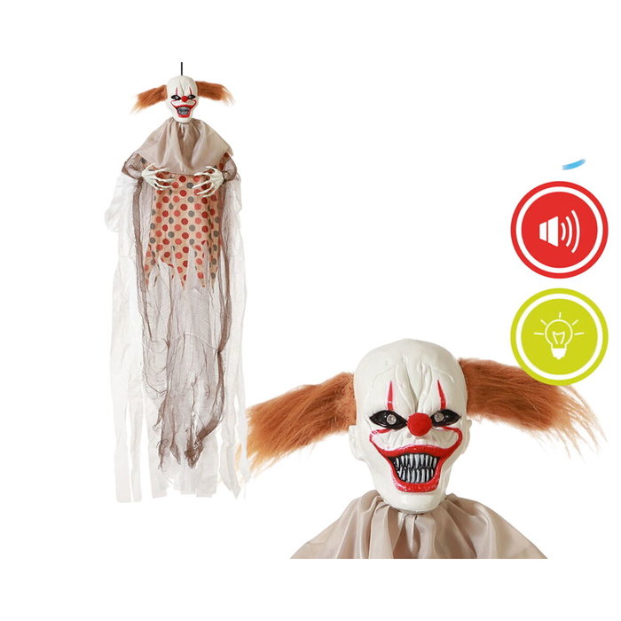 BigBuy Home Décoration d'Halloween Clown Suspendu Blanc avec Lumière et Son