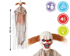 Décoration Halloween Figurine Clown Suspendu 120 cm avec Lumière et Son, Cheveux Orange - Effet Terrifiant pour Décor, Fêtes et Vitrines