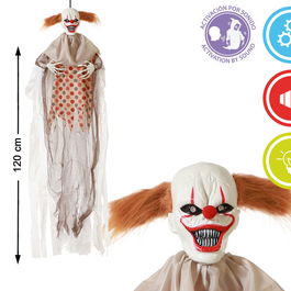 Décoration Halloween Figurine Clown Suspendu 120 cm avec Lumière et Son, Cheveux Orange - Effet Terrifiant pour Décor, Fêtes et Vitrines