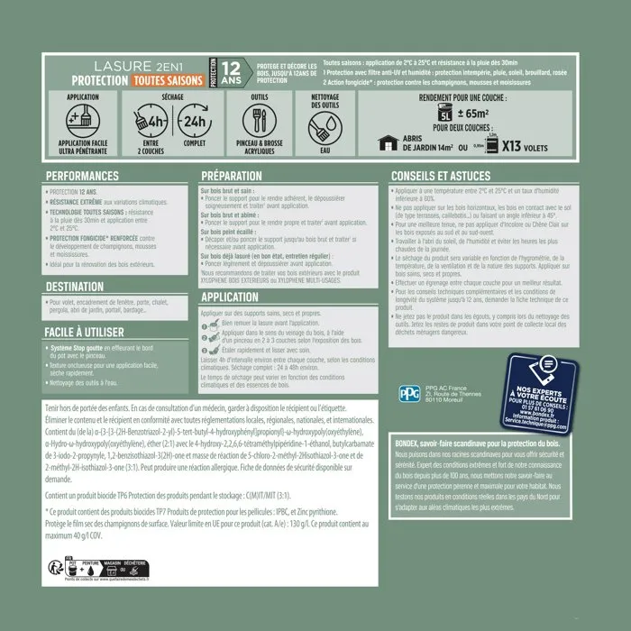 Bondex Lasure 2 en 1 protection extérieure - Chêne Doré - Aspect satin - Protection renforcée 12 ans contre humidité, UV, eau et champignons - Applicable dès 2°C - 5L